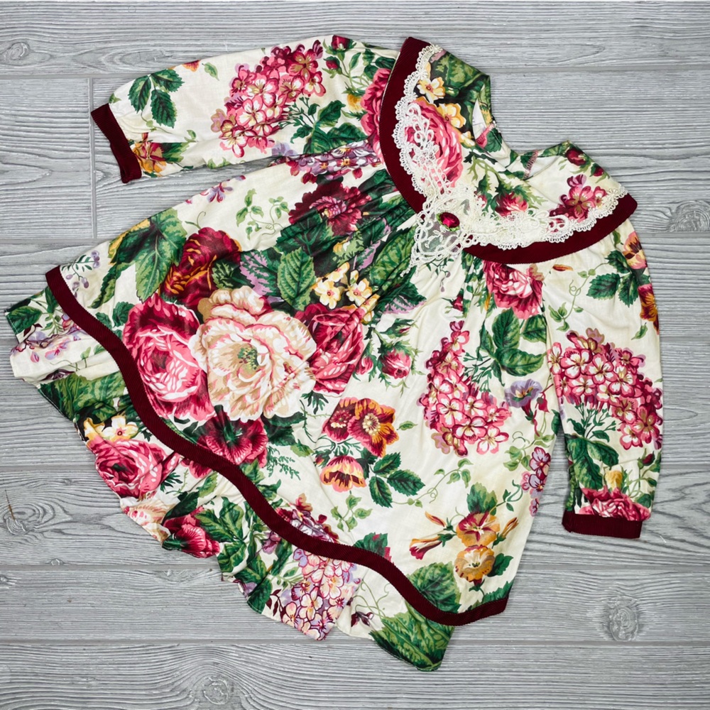 Vintage iris & ivy floral smocked lace puff sleeve flair velvet trim dress 3t